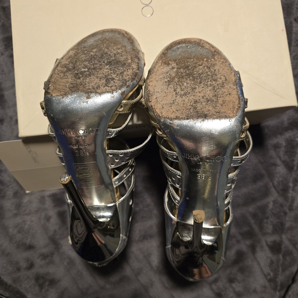 JIMMY CHOO Silver & Gold Metallic Ankle Caged Stilettos - Picture 9 of 14